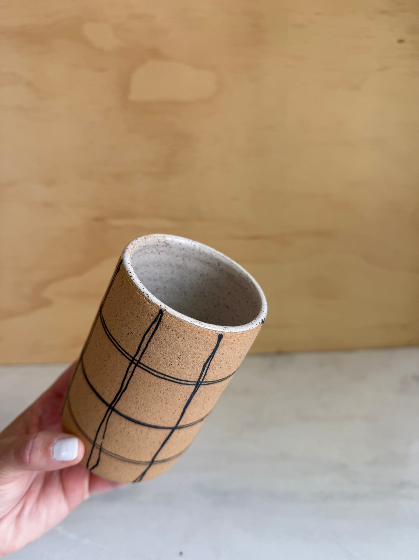 Handmade ceramic base with hand painted plaid line lines