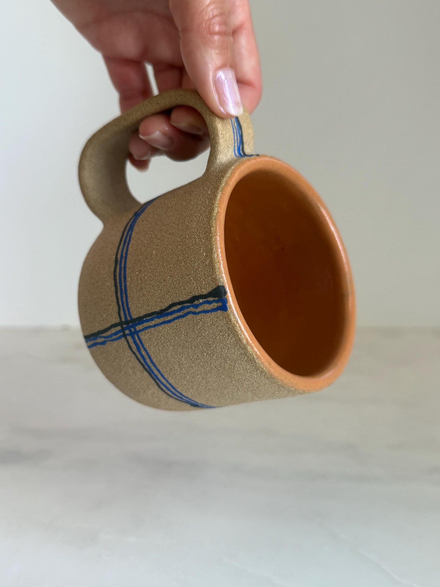 Handmade Cermic Mug Oval Handle / Plaid