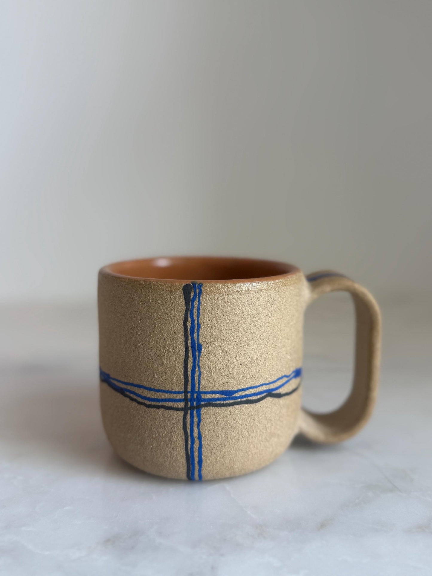 Handmade Cermic Mug Oval Handle / Plaid