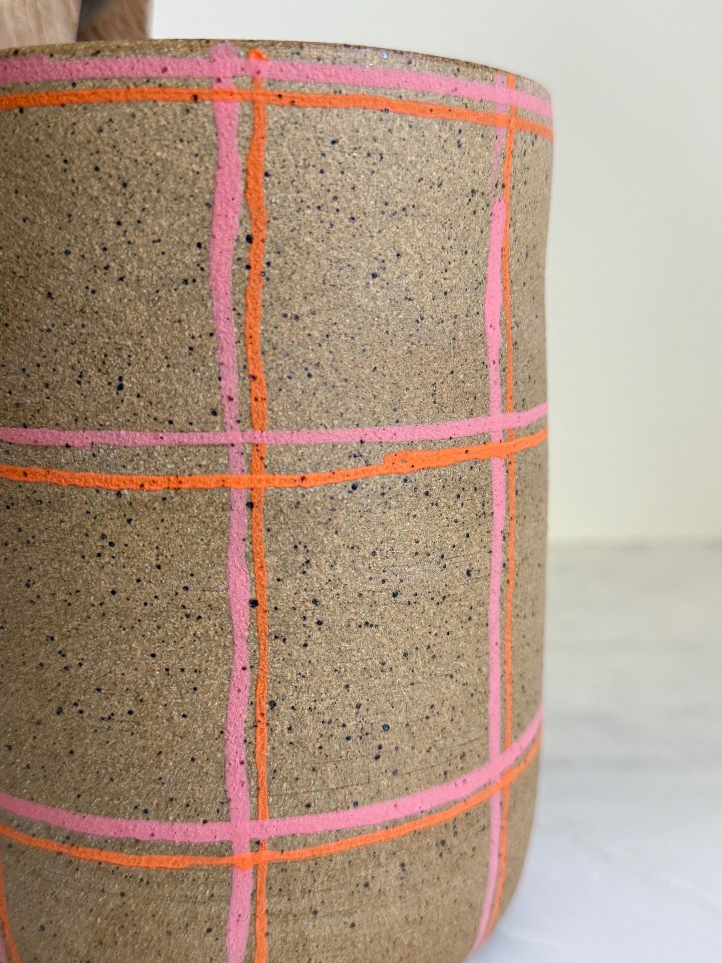 Ceramic Plaid Utensil Holder/Vase - Pink/Orange