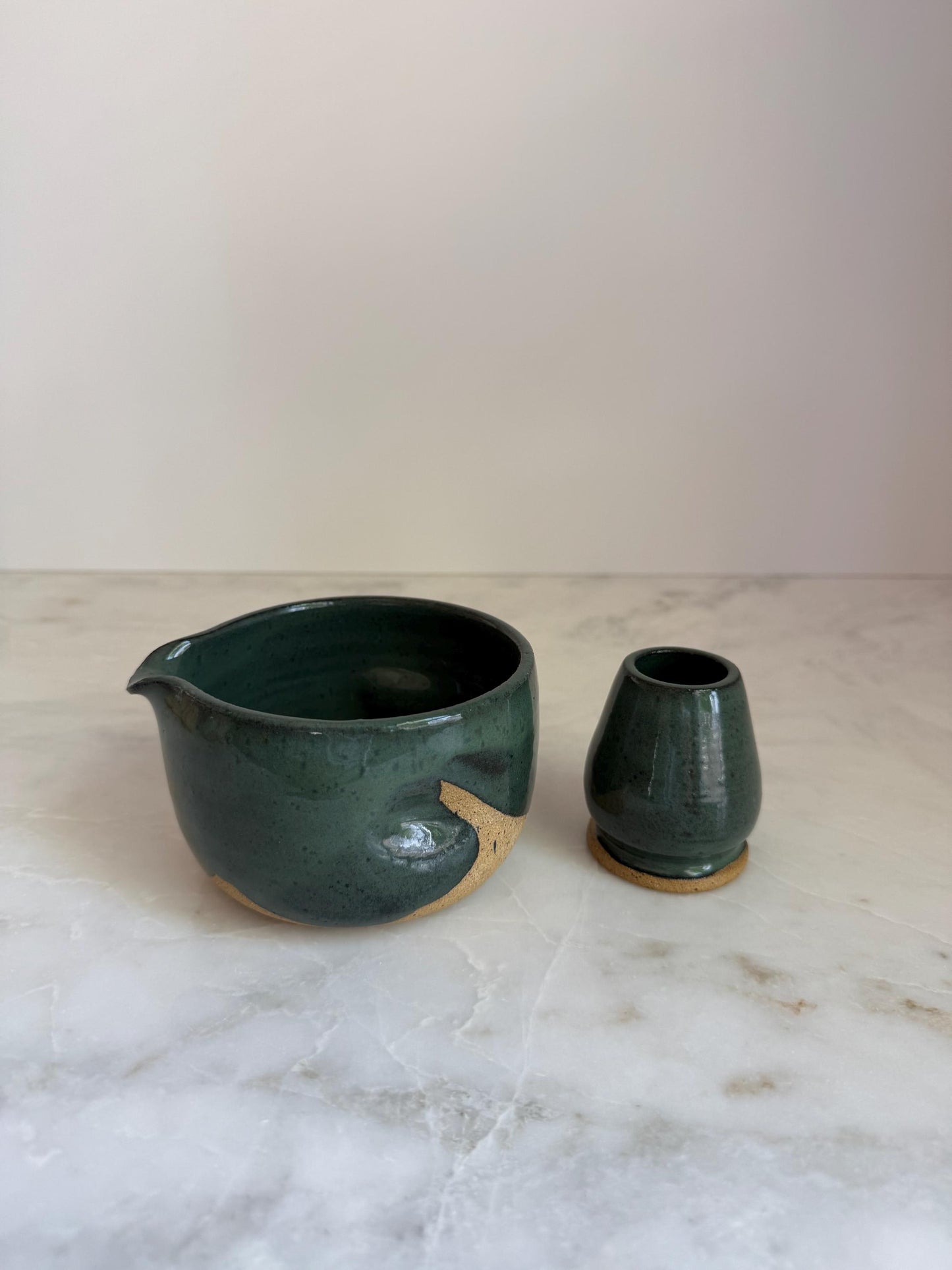 Handmade Ceramic Matcha Bowl and Whisk Holder Set - Peacock