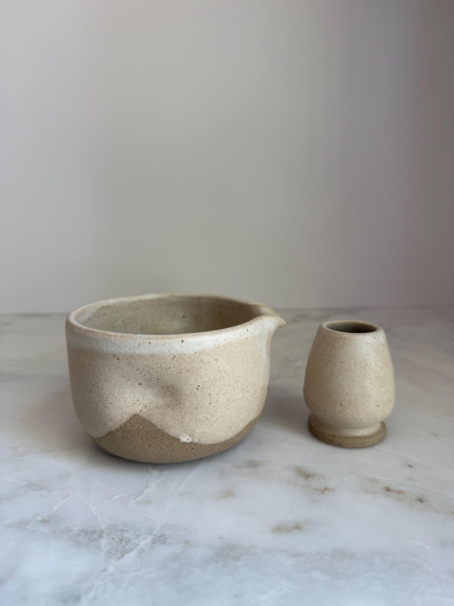 Handmade Ceramic Matcha Bowl and Whisk Holder Set - Oatmeal