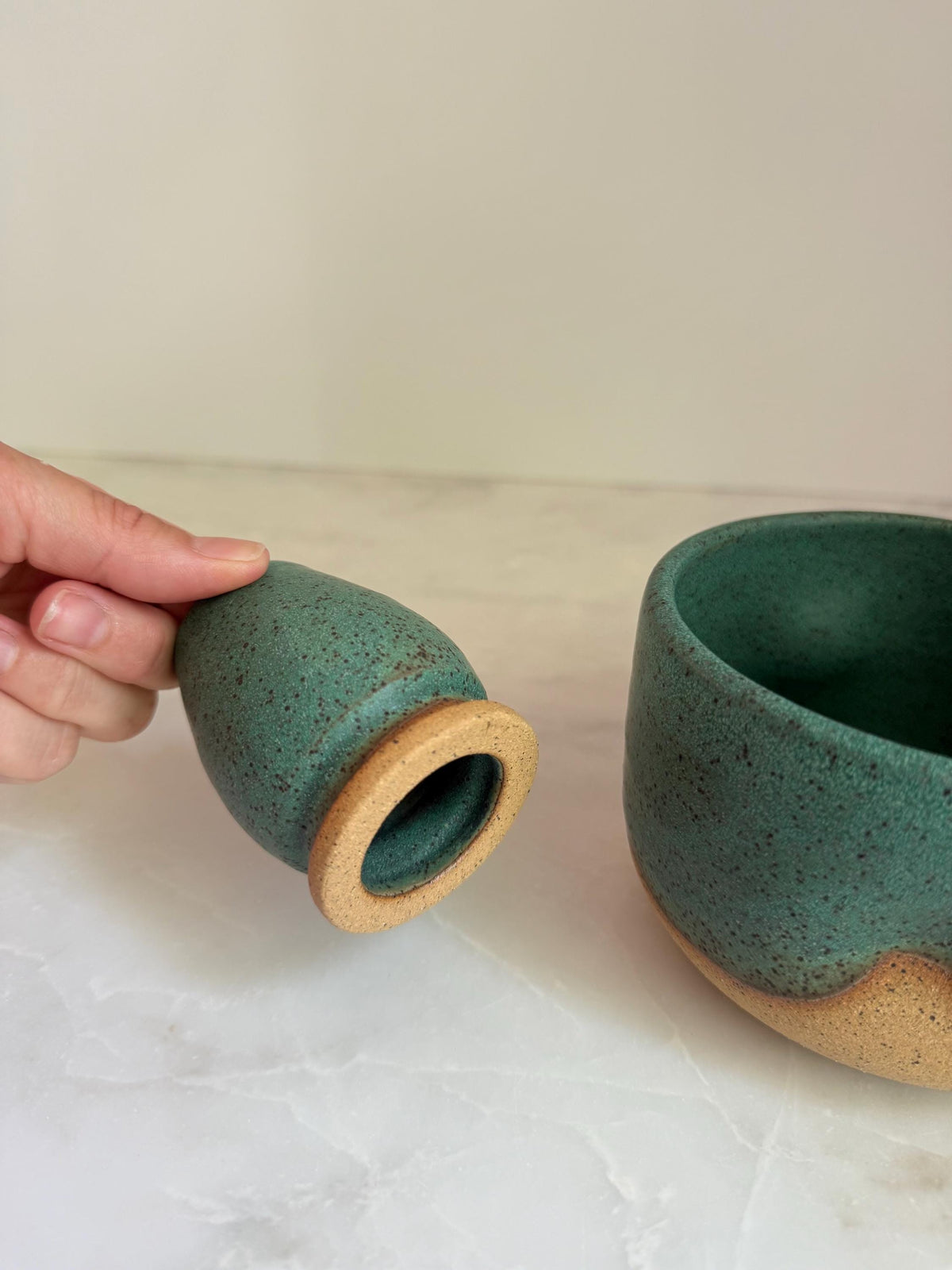 Handmade Ceramic Matcha Bowl and Whisk Holder Set - Speckled Green