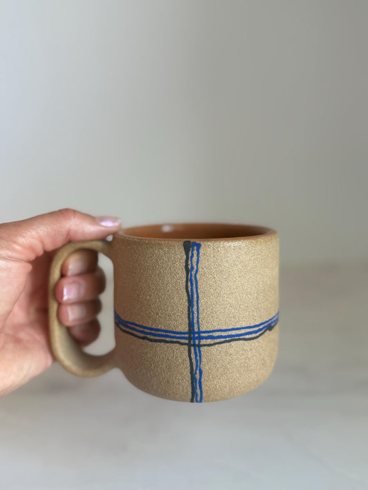Handmade Cermic Mug Oval Handle / Plaid