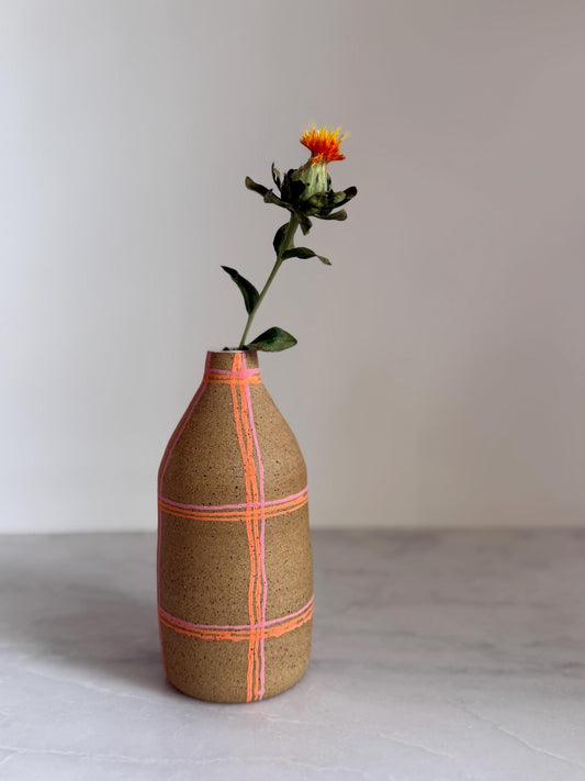 Orange + Pink Plaid Bottleneck Vase