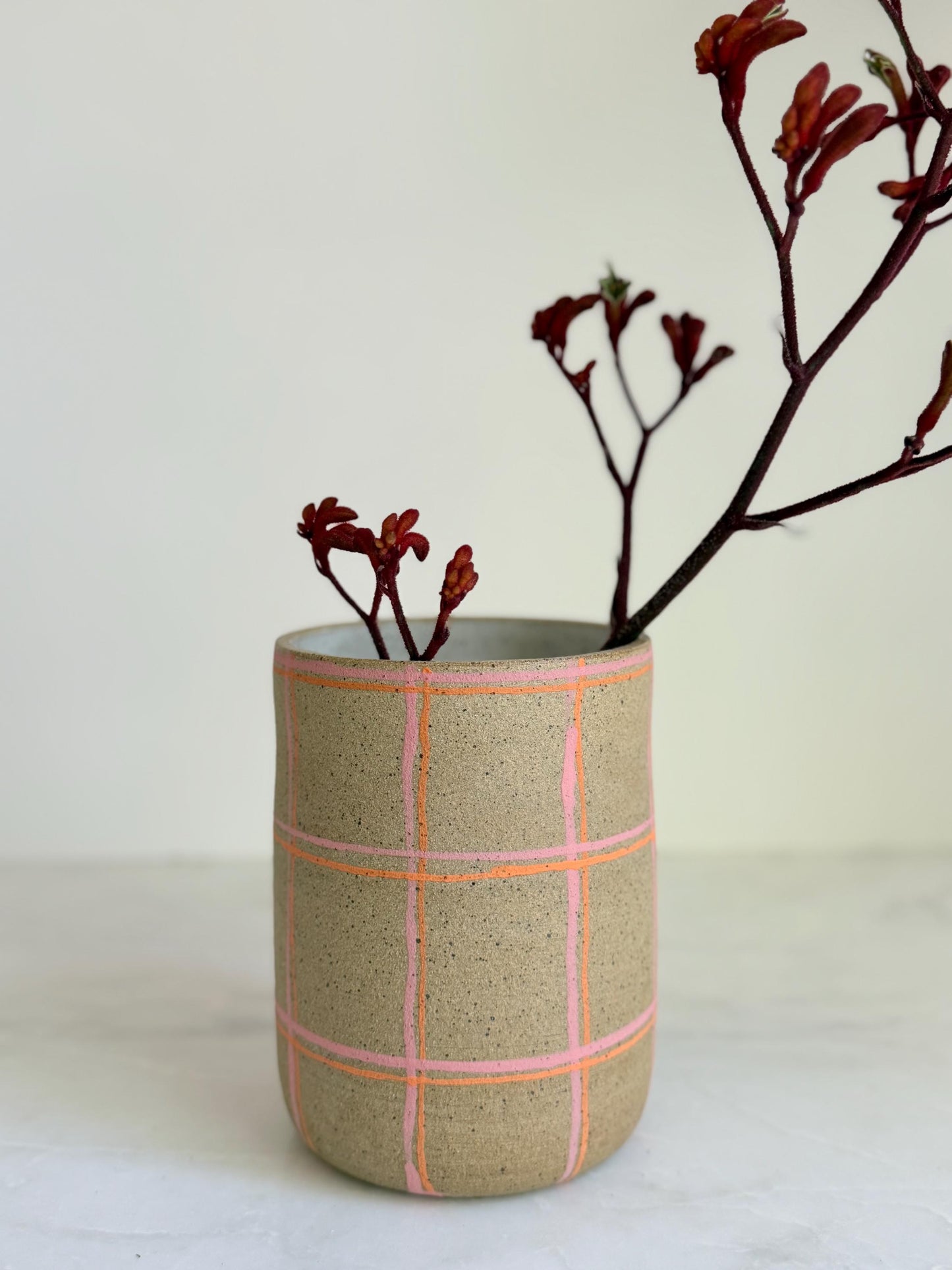 Ceramic Plaid Utensil Holder/Vase - Pink/Orange