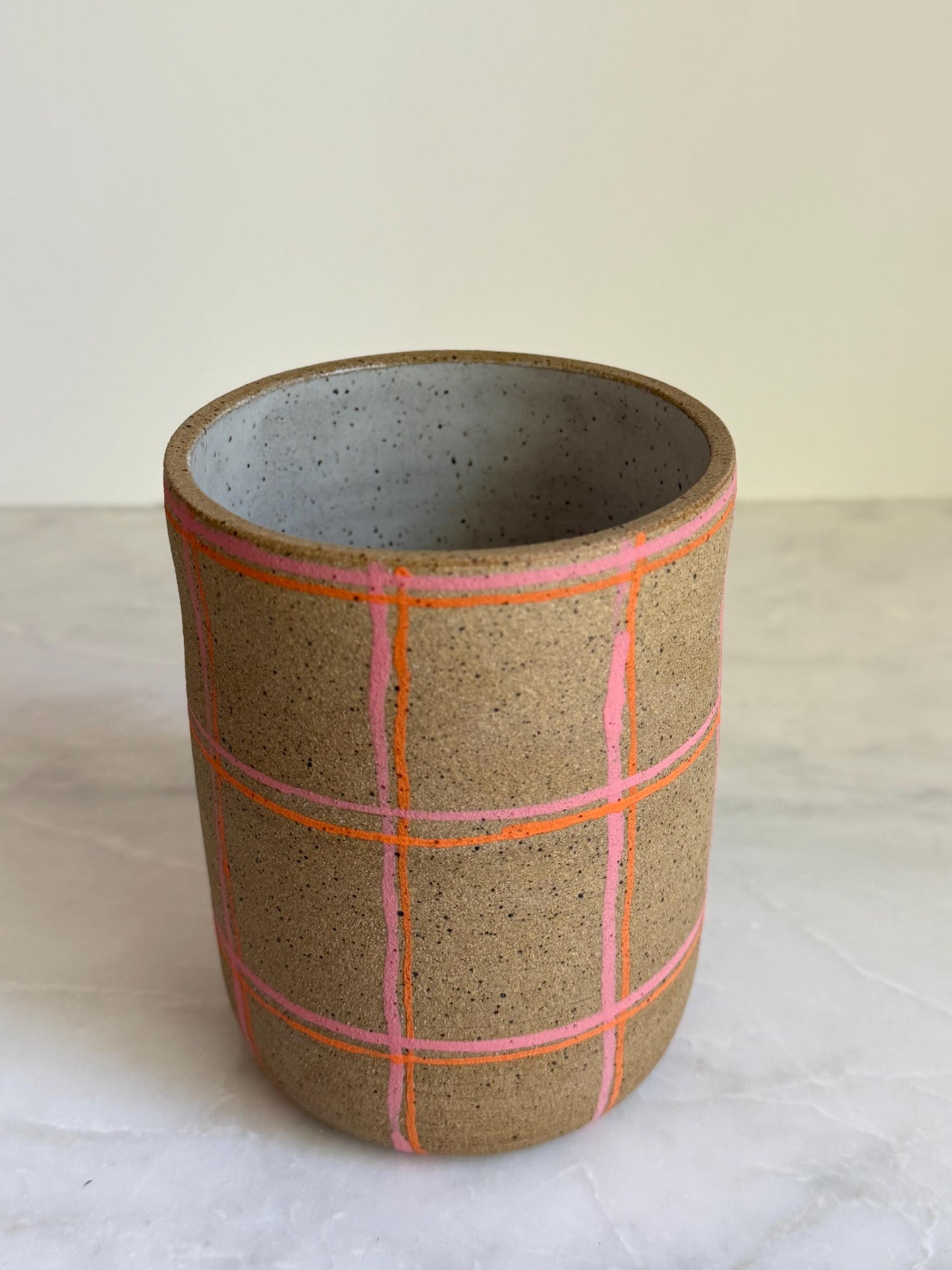 Ceramic Plaid Utensil Holder/Vase - Pink/Orange
