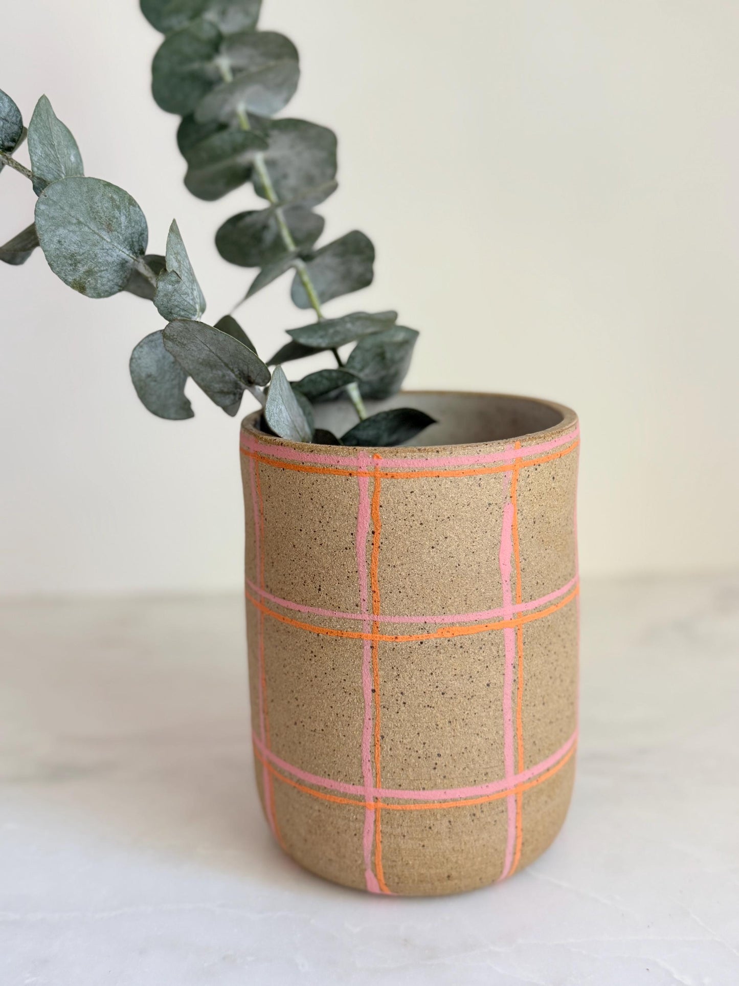 Ceramic Plaid Utensil Holder/Vase - Pink/Orange
