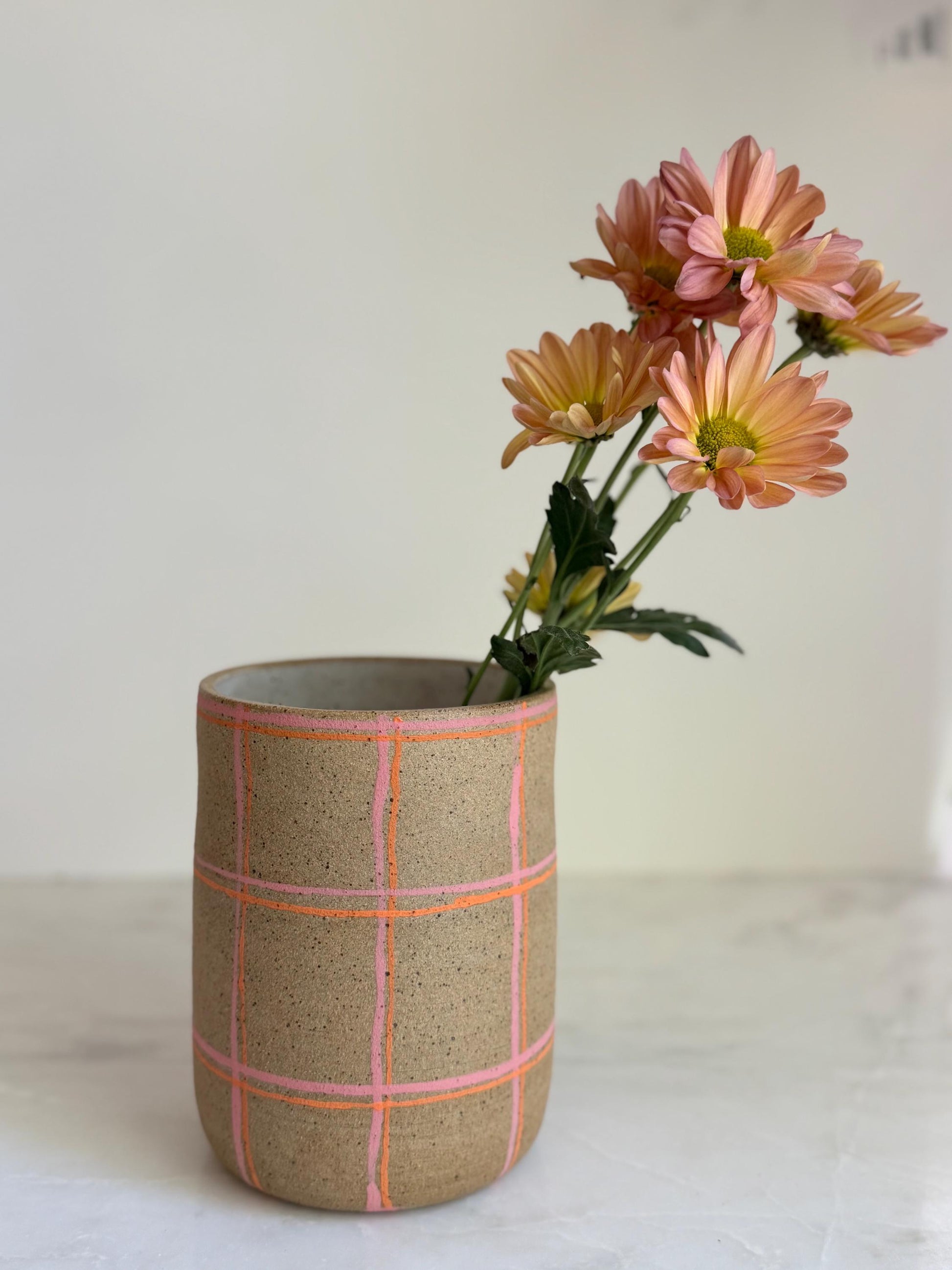 Ceramic Plaid Utensil Holder/Vase - Pink/Orange