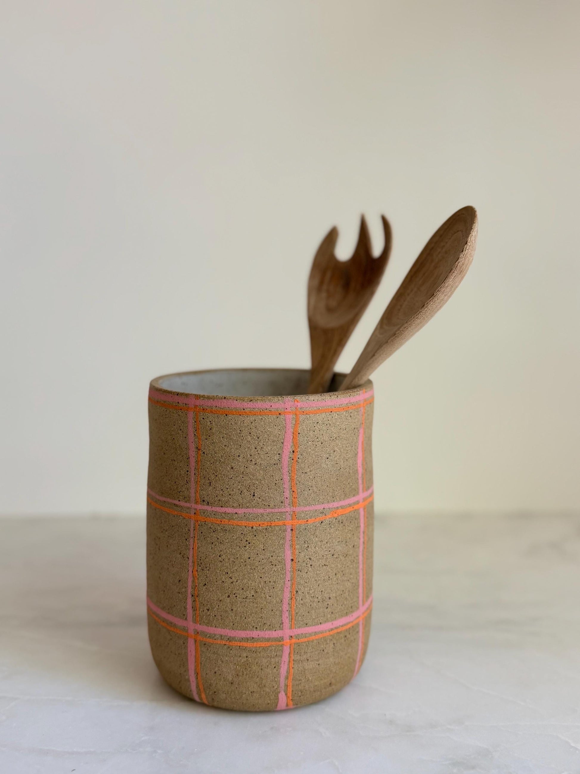 Ceramic Plaid Utensil Holder/Vase - Pink/Orange