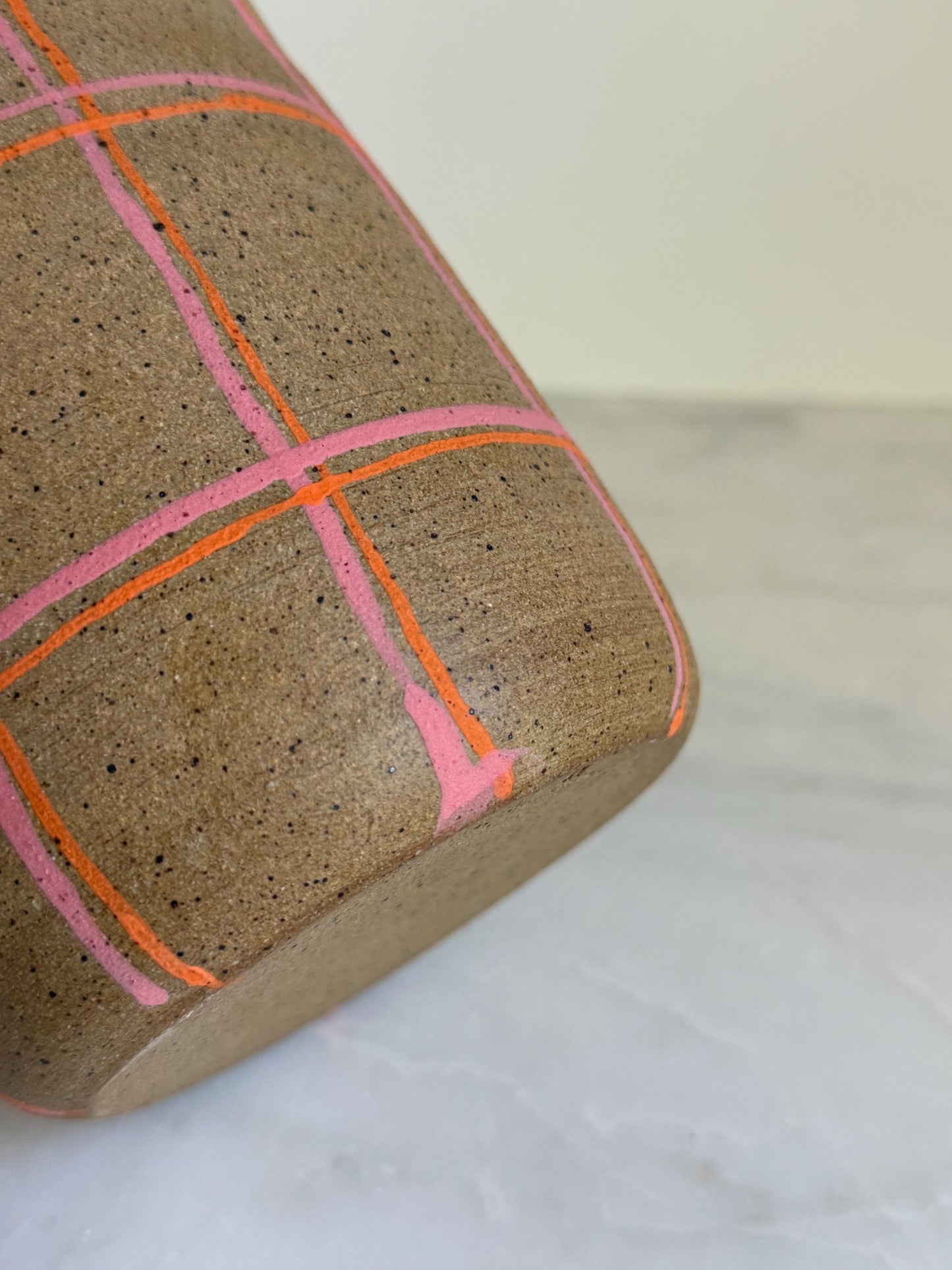 Ceramic Plaid Utensil Holder/Vase - Pink/Orange
