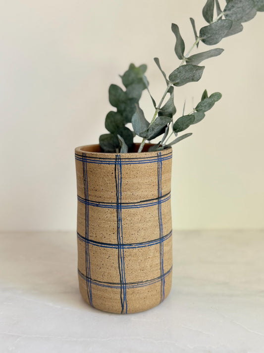 Ceramic Plaid Vase - Blue/Black