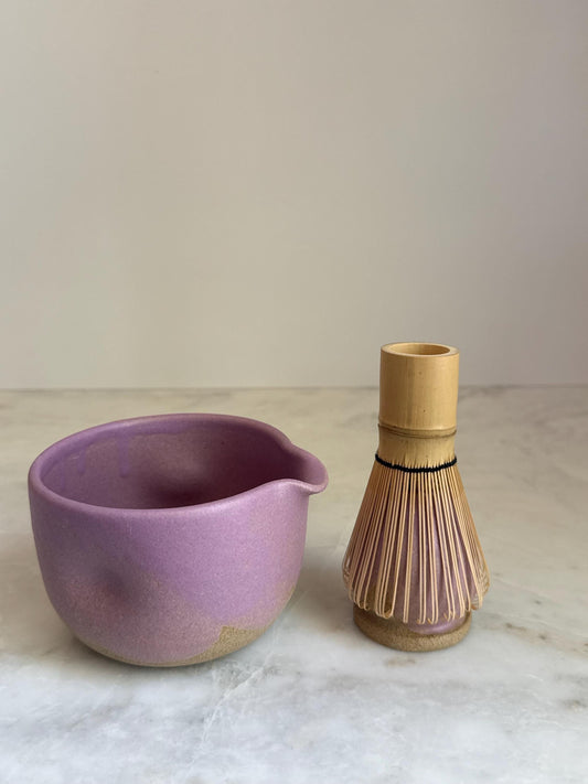 Handmade Ceramic Matcha Bowl and Whisk Holder Set - Lavender