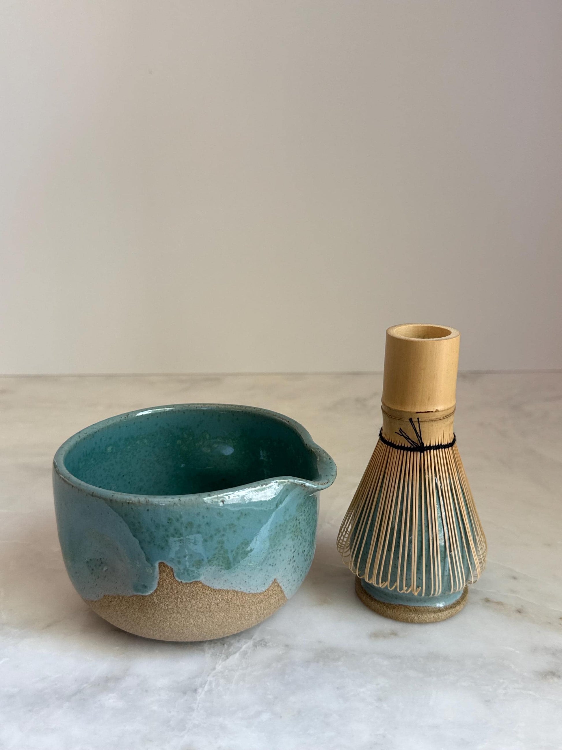 Handmade Ceramic Matcha Bowl and Whisk Holder Set - Seafoam