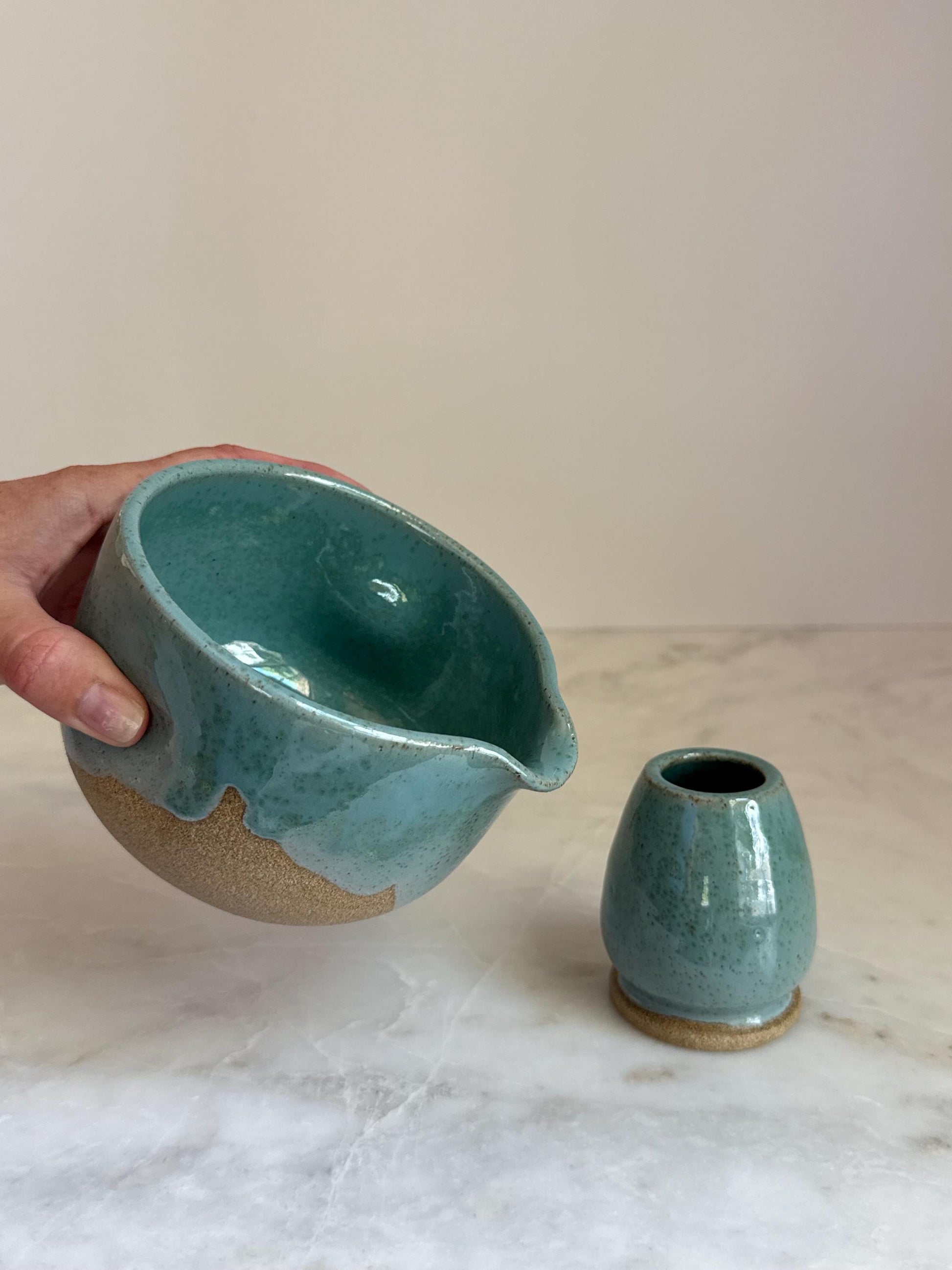 Handmade Ceramic Matcha Bowl and Whisk Holder Set - Seafoam