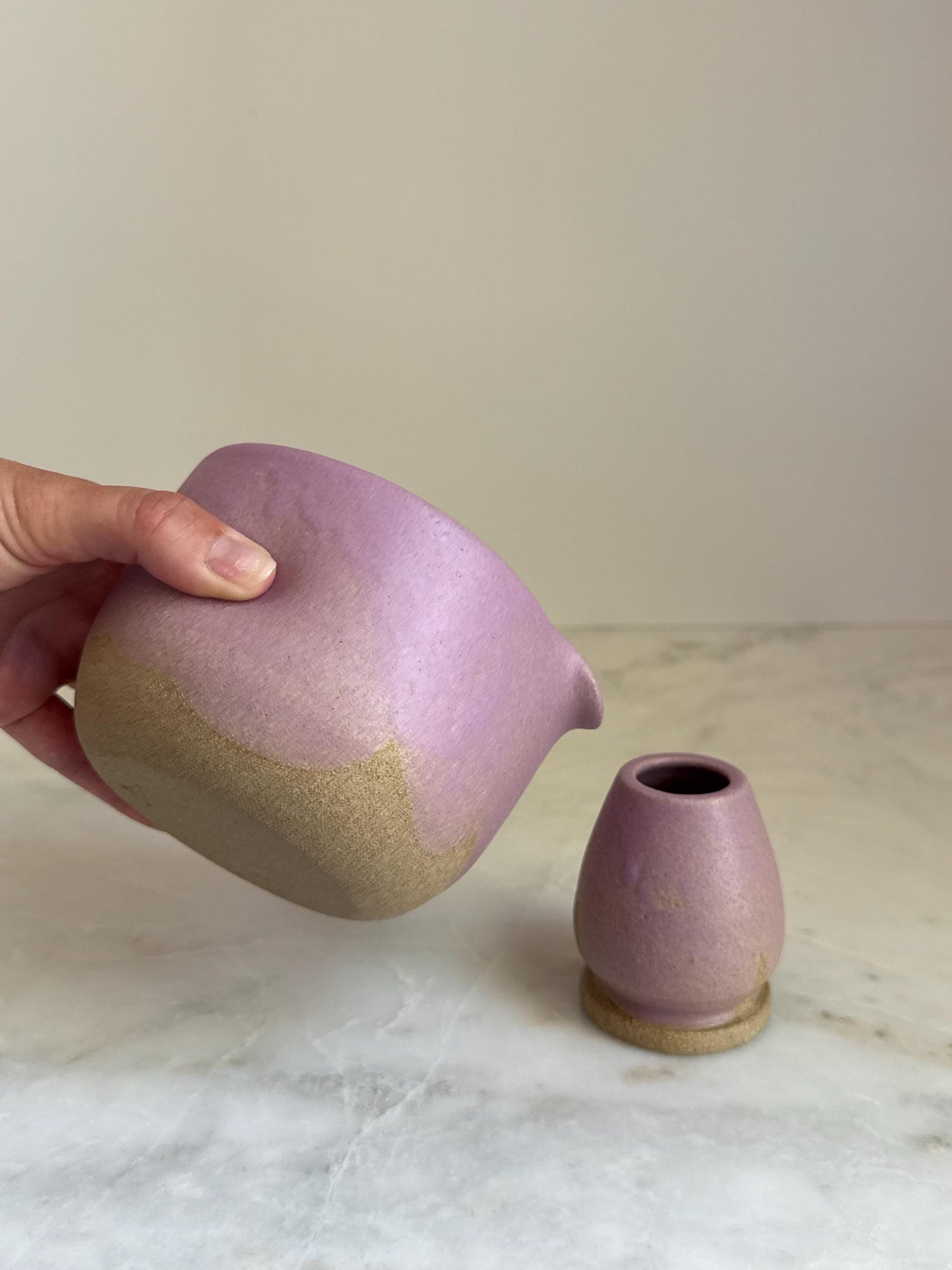 Handmade Ceramic Matcha Bowl and Whisk Holder Set - Lavender