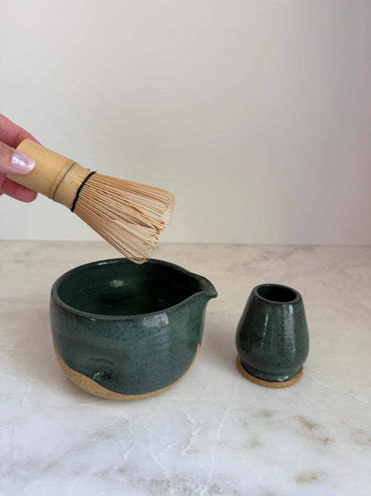 Handmade Ceramic Matcha Bowl and Whisk Holder Set - Peacock