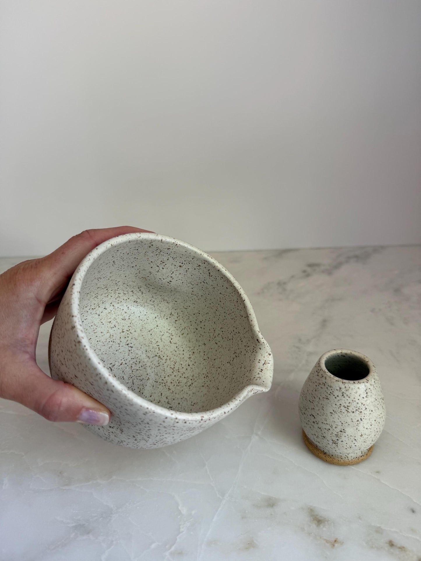 Handmade Ceramic Matcha Bowl and Whisk Holder Set - Speckled Oatmeal