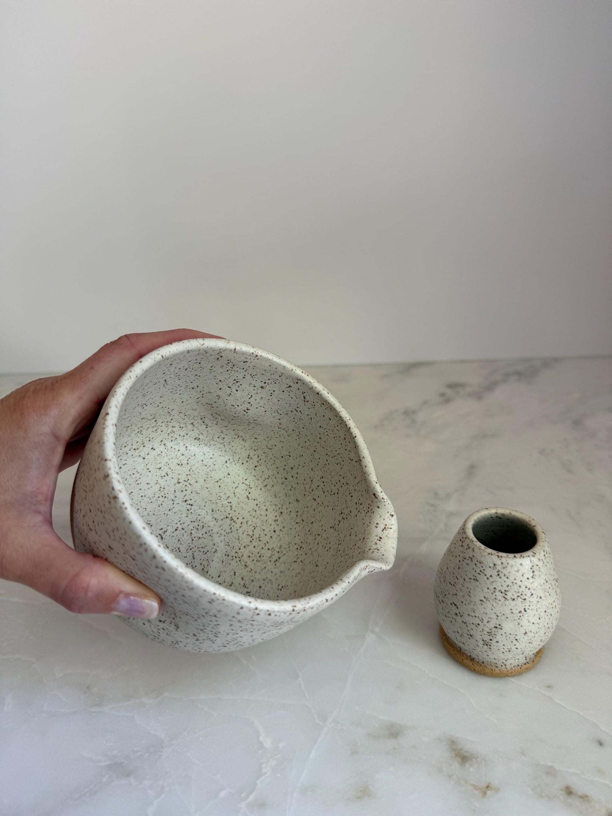 Handmade Ceramic Matcha Bowl and Whisk Holder Set - Speckled Oatmeal