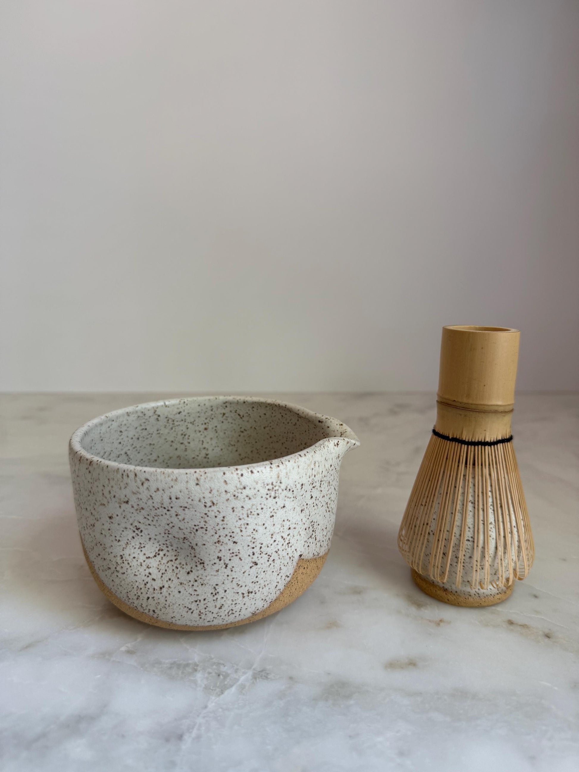 Handmade Ceramic Matcha Bowl and Whisk Holder Set - Speckled Oatmeal