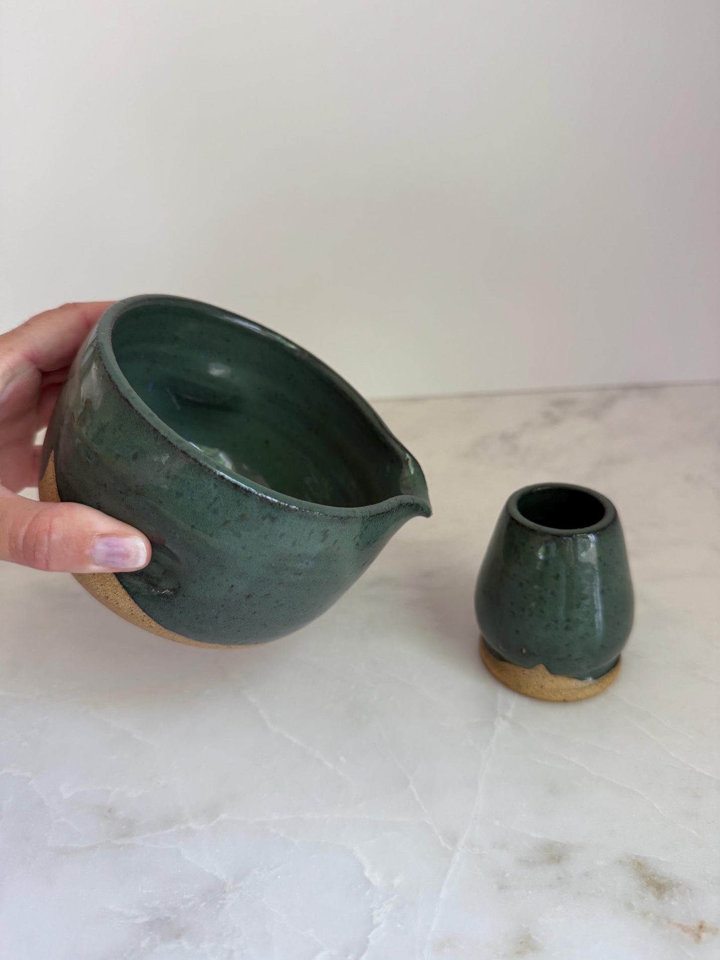 Handmade Ceramic Matcha Bowl and Whisk Holder Set - Peacock