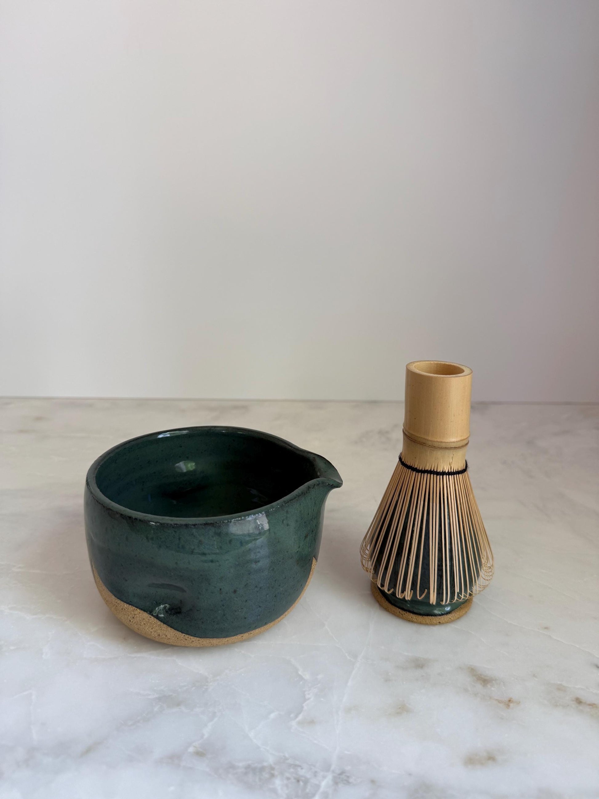 Handmade Ceramic Matcha Bowl and Whisk Holder Set - Peacock