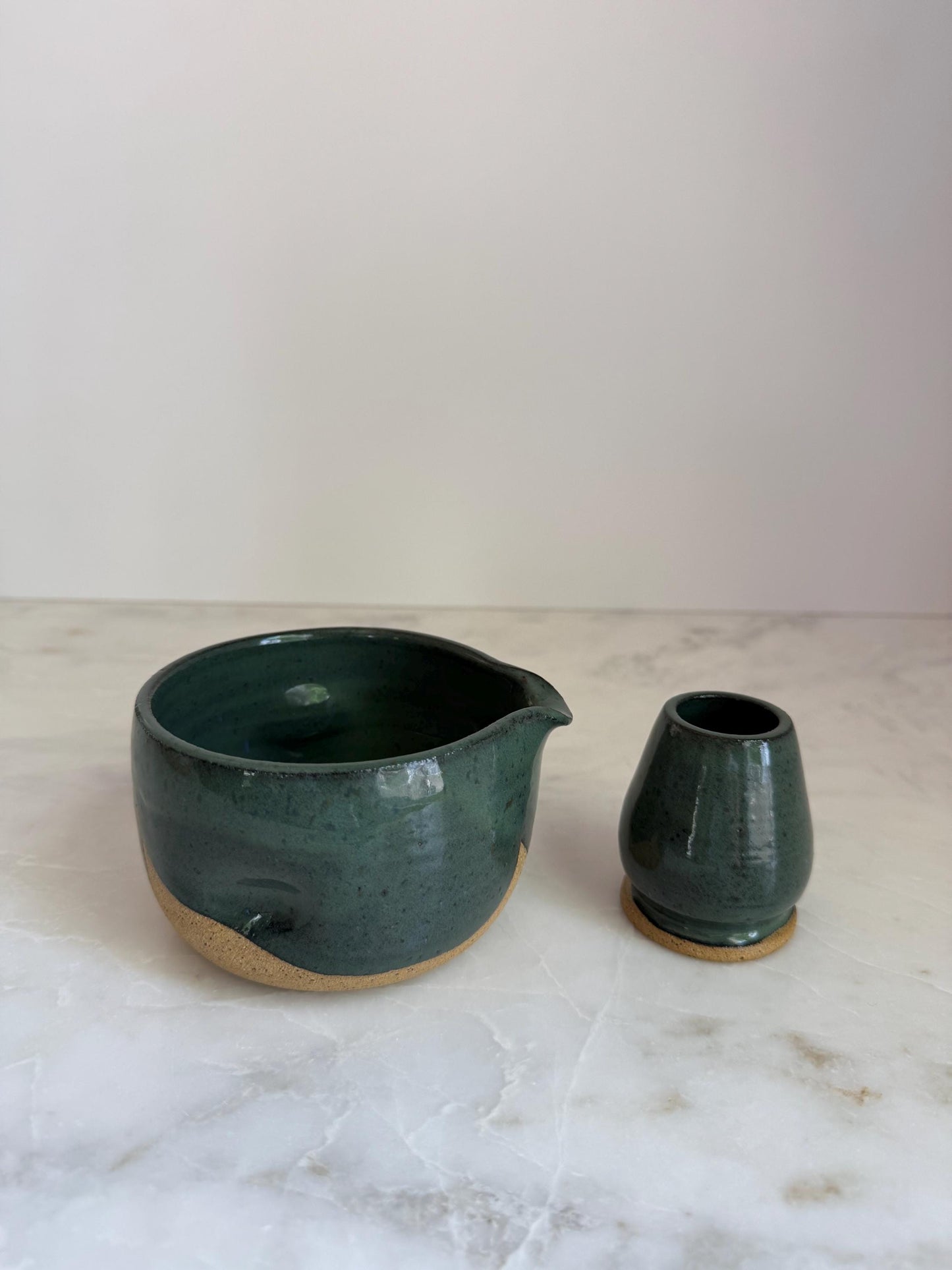 Handmade Ceramic Matcha Bowl and Whisk Holder Set - Peacock