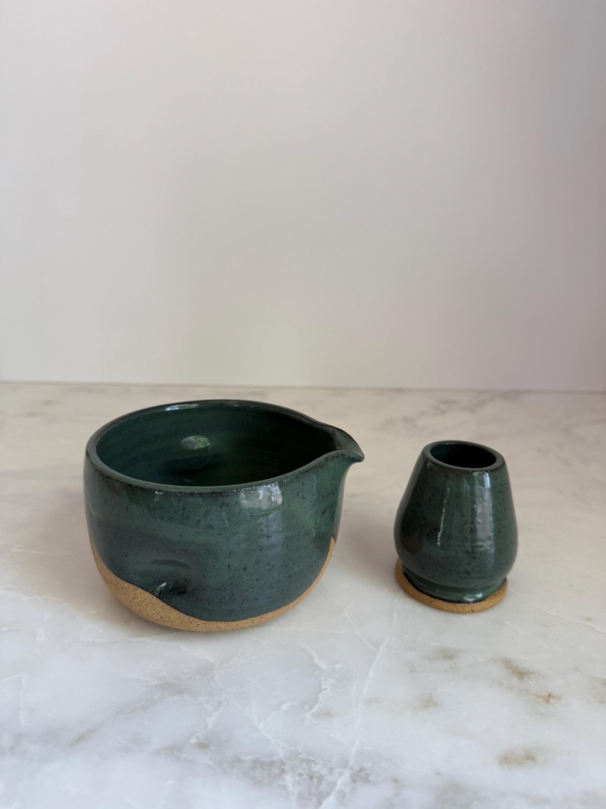 Handmade Ceramic Matcha Bowl and Whisk Holder Set - Peacock
