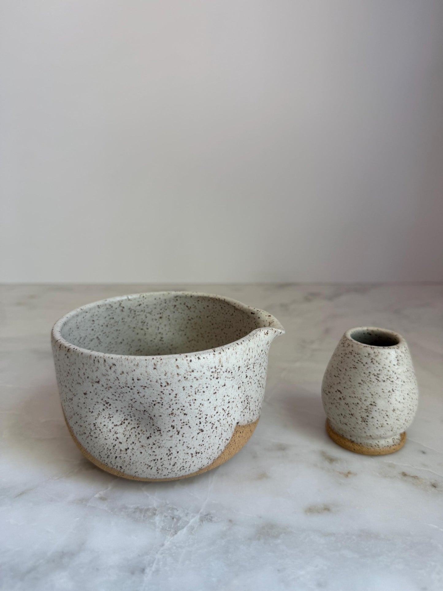 Handmade Ceramic Matcha Bowl and Whisk Holder Set - Speckled Oatmeal