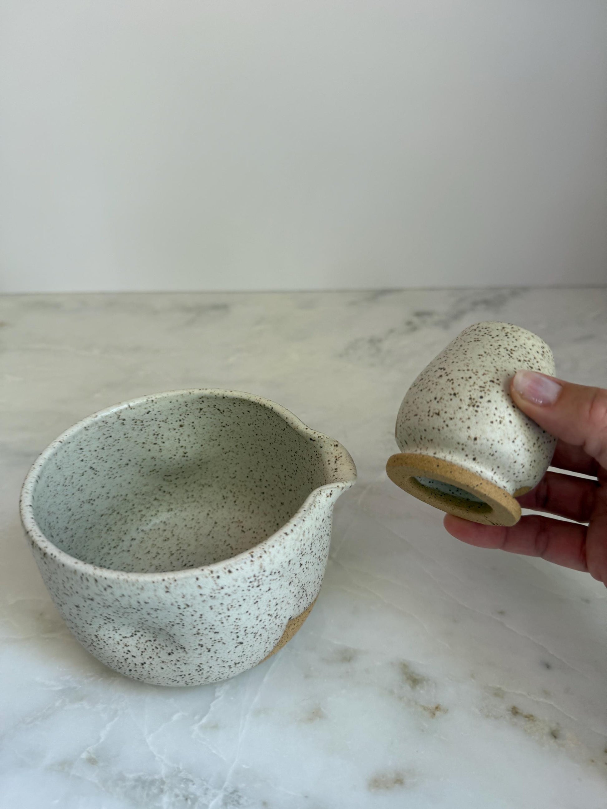 Handmade Ceramic Matcha Bowl and Whisk Holder Set - Speckled Oatmeal