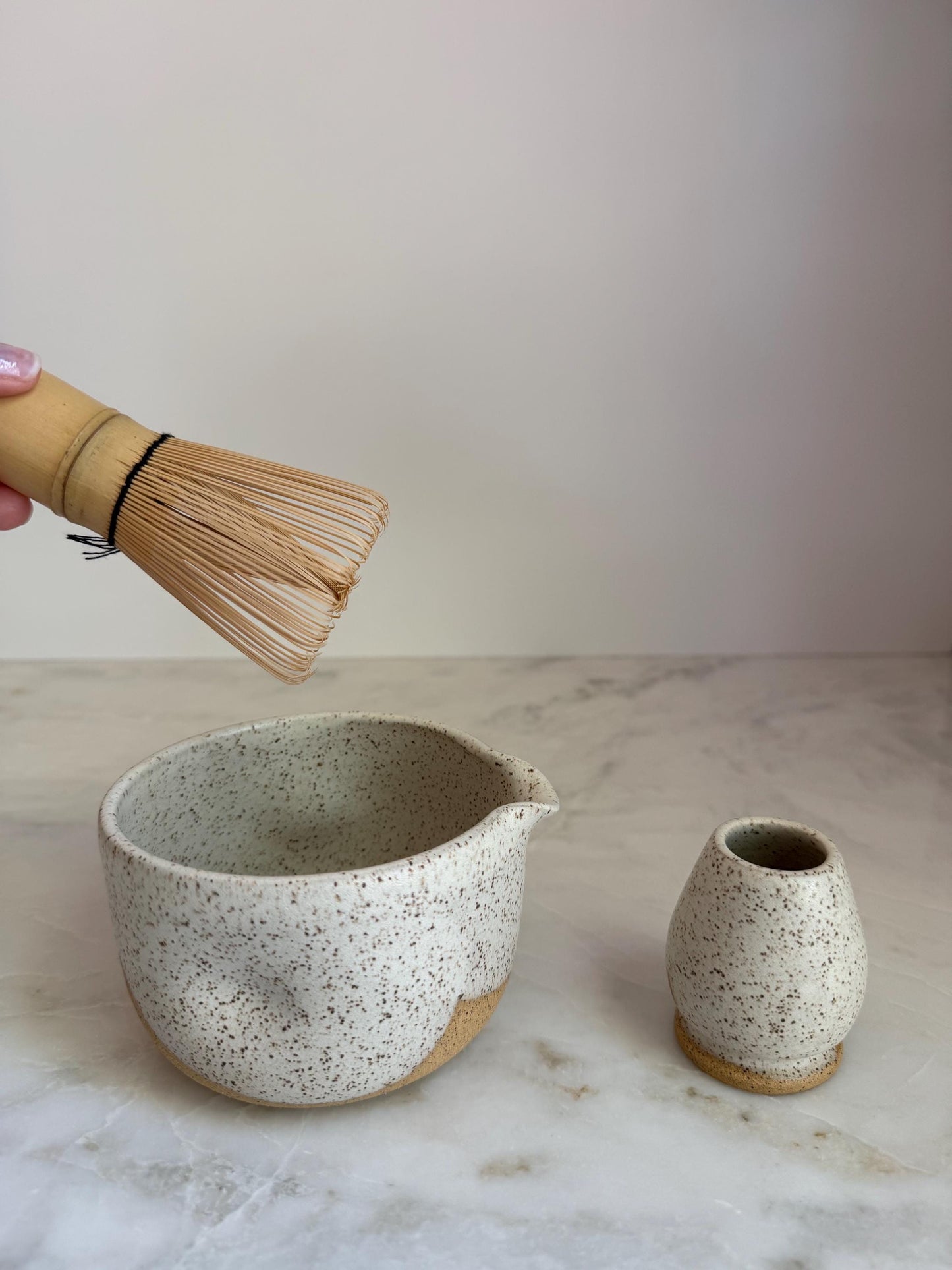 Handmade Ceramic Matcha Bowl and Whisk Holder Set - Speckled Oatmeal