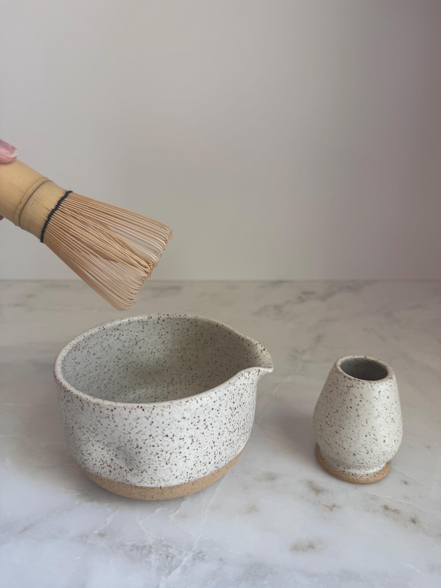 Handmade Ceramic Matcha Bowl and Whisk Holder Set - Speckled Oatmeal Dipped