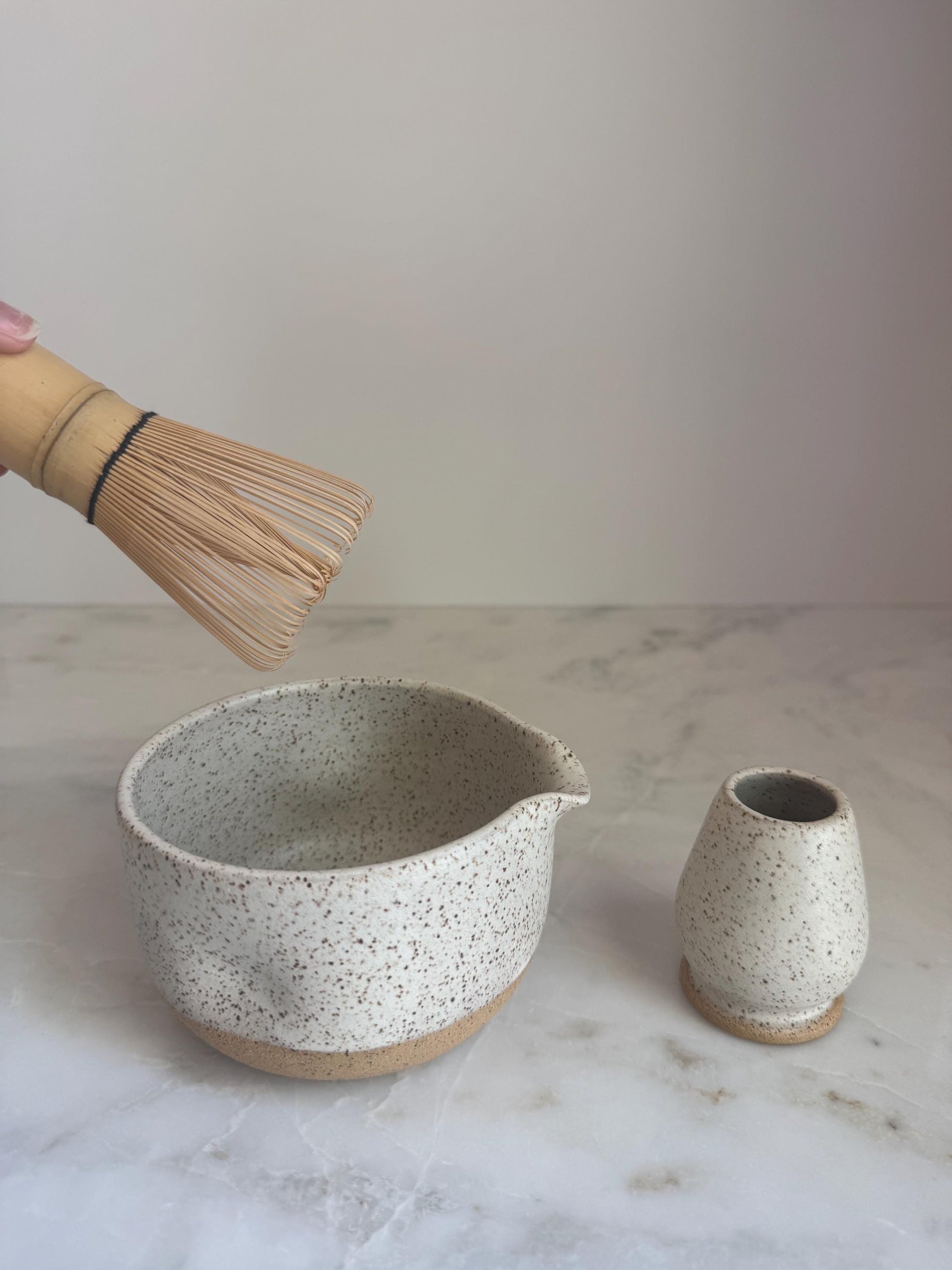 Handmade Ceramic Matcha Bowl and Whisk Holder Set - Speckled Oatmeal Dipped