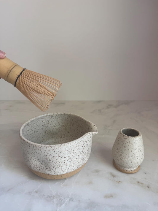 Handmade Ceramic Matcha Bowl and Whisk Holder Set - Speckled Oatmeal Dipped
