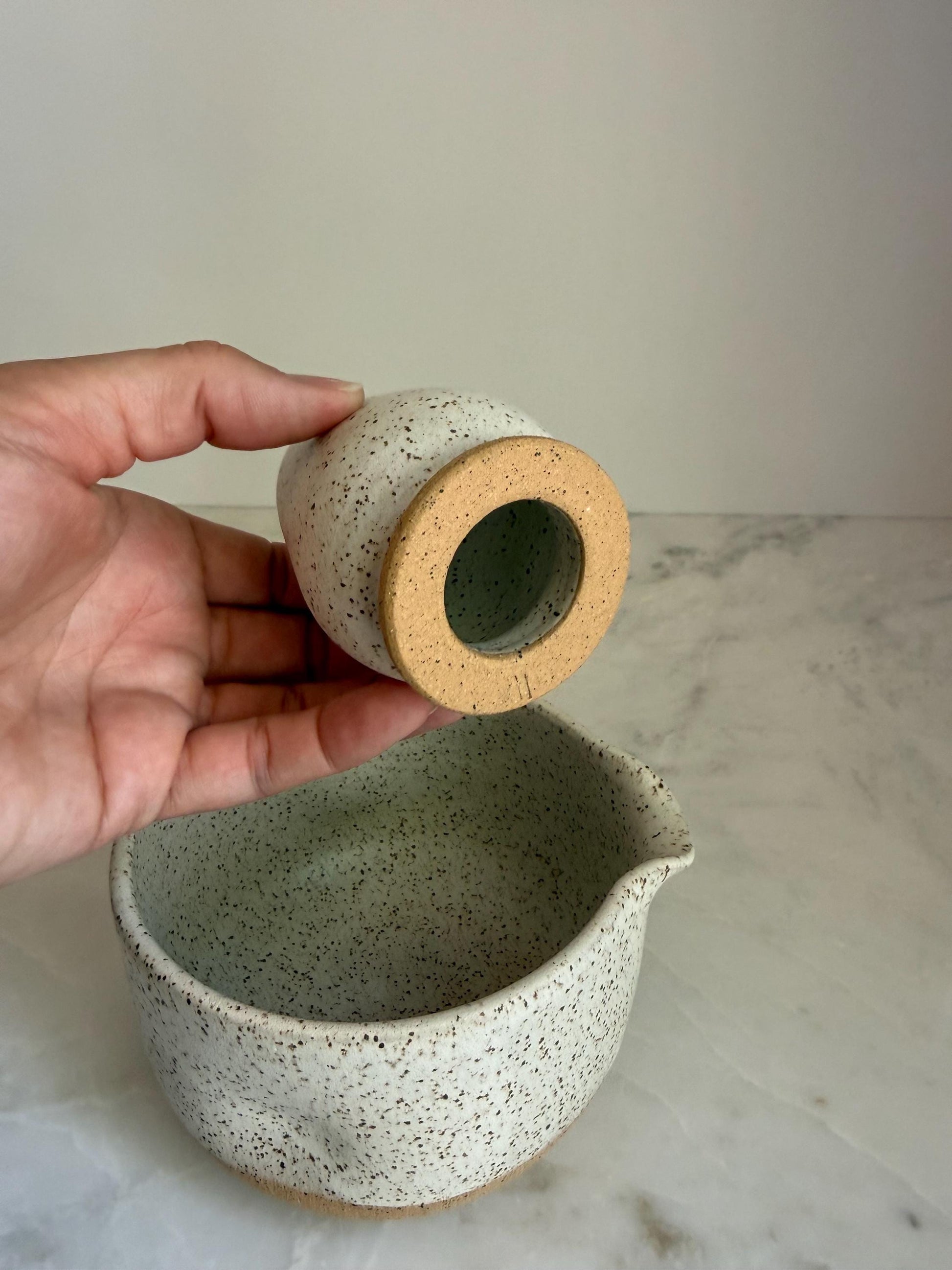 Handmade Ceramic Matcha Bowl and Whisk Holder Set - Speckled Oatmeal Dipped