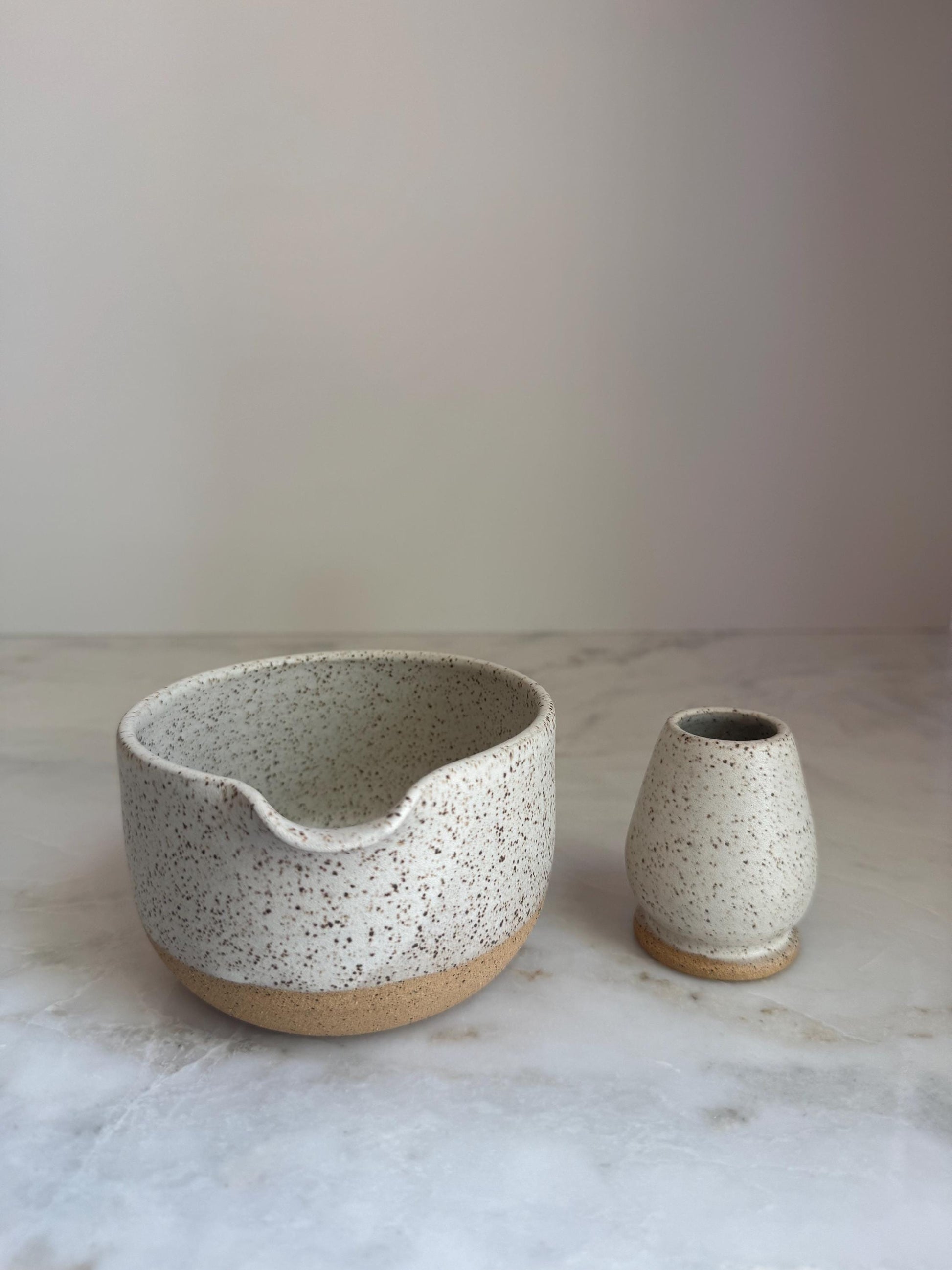 Handmade Ceramic Matcha Bowl and Whisk Holder Set - Speckled Oatmeal Dipped