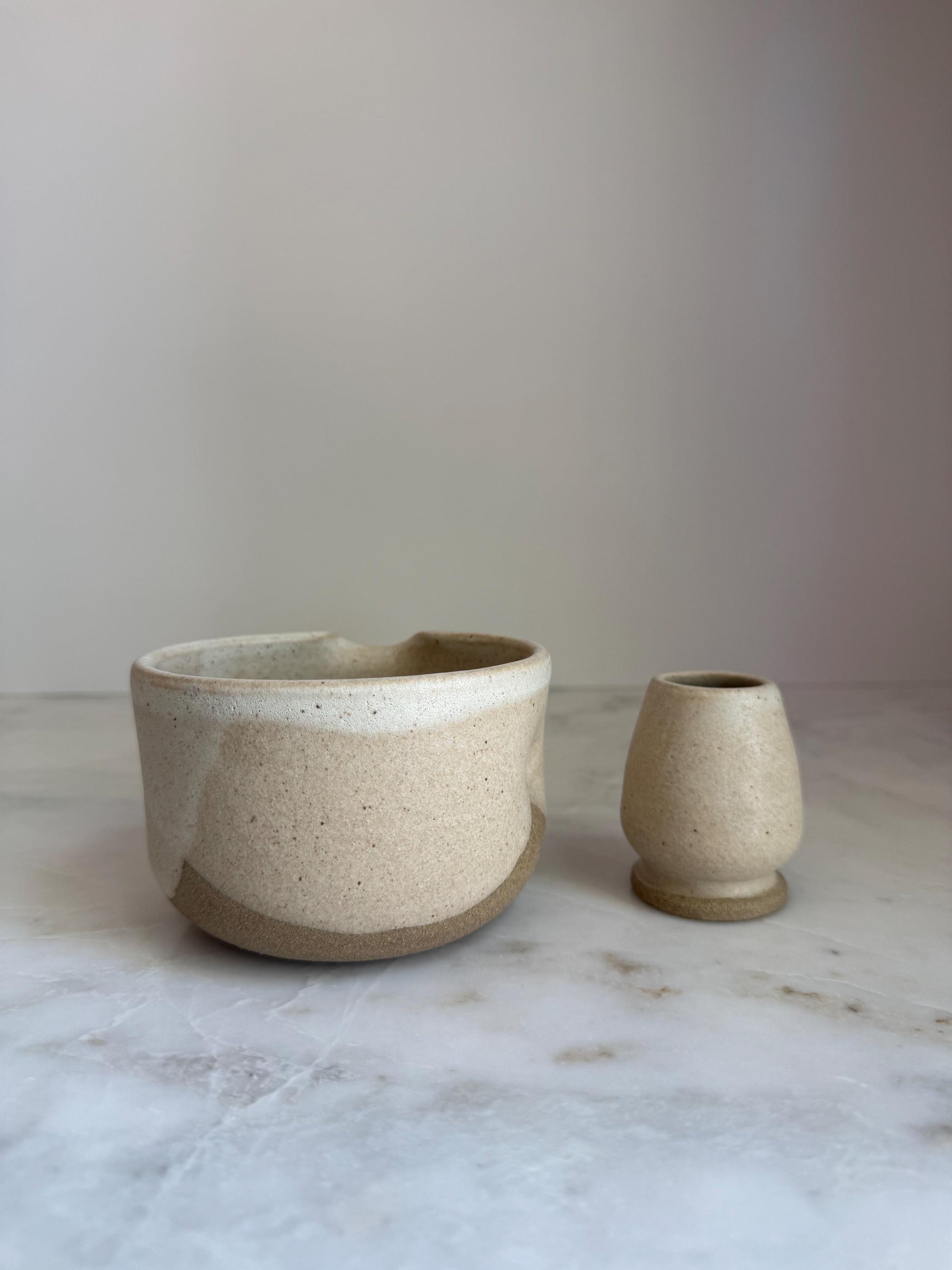 Handmade Ceramic Matcha Bowl and Whisk Holder Set - Oatmeal