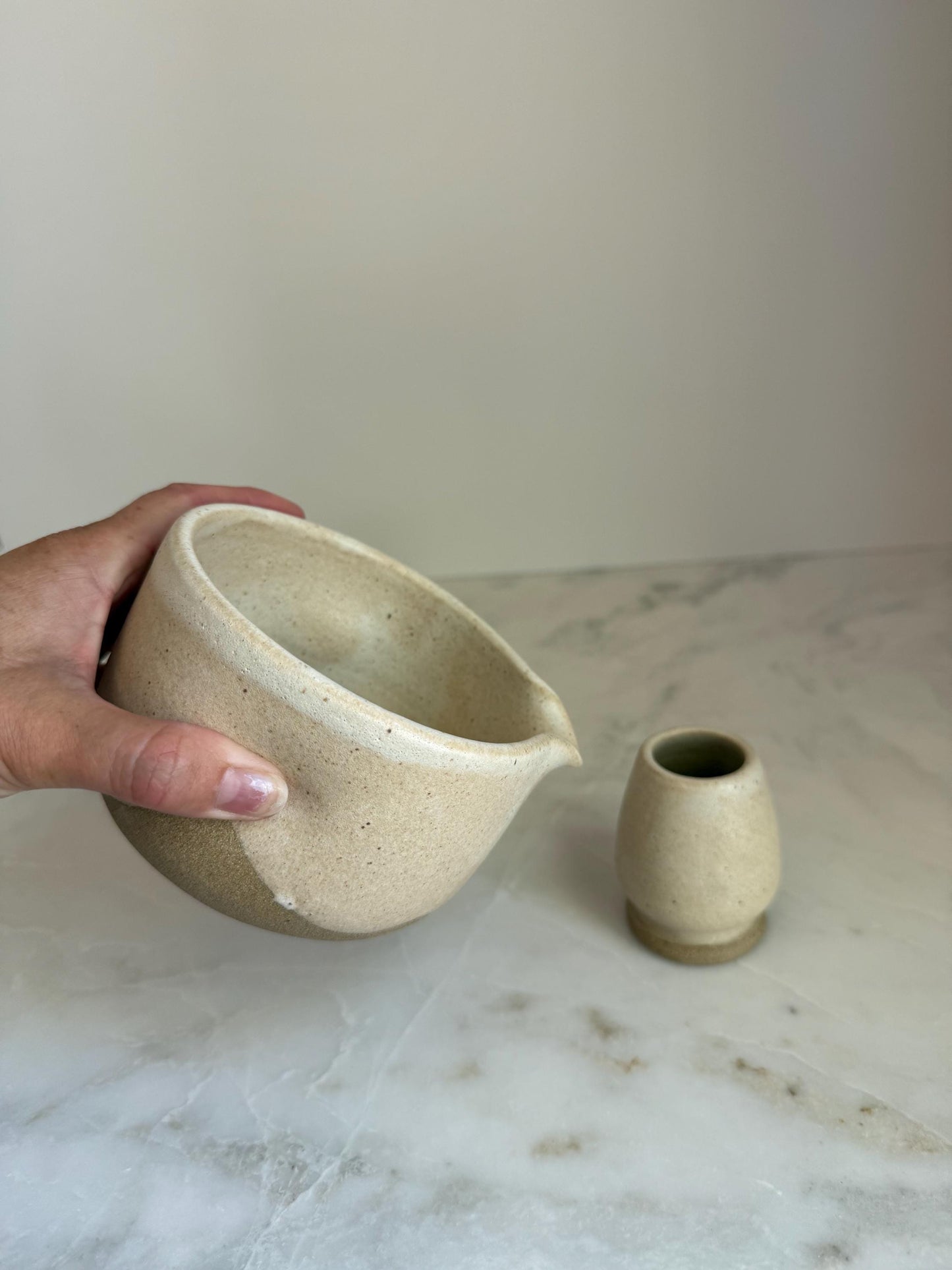 Handmade Ceramic Matcha Bowl and Whisk Holder Set - Oatmeal