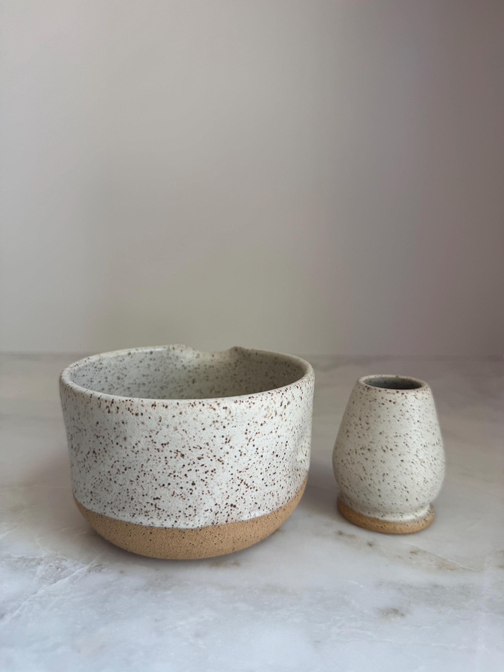 Handmade Ceramic Matcha Bowl and Whisk Holder Set - Speckled Oatmeal Dipped