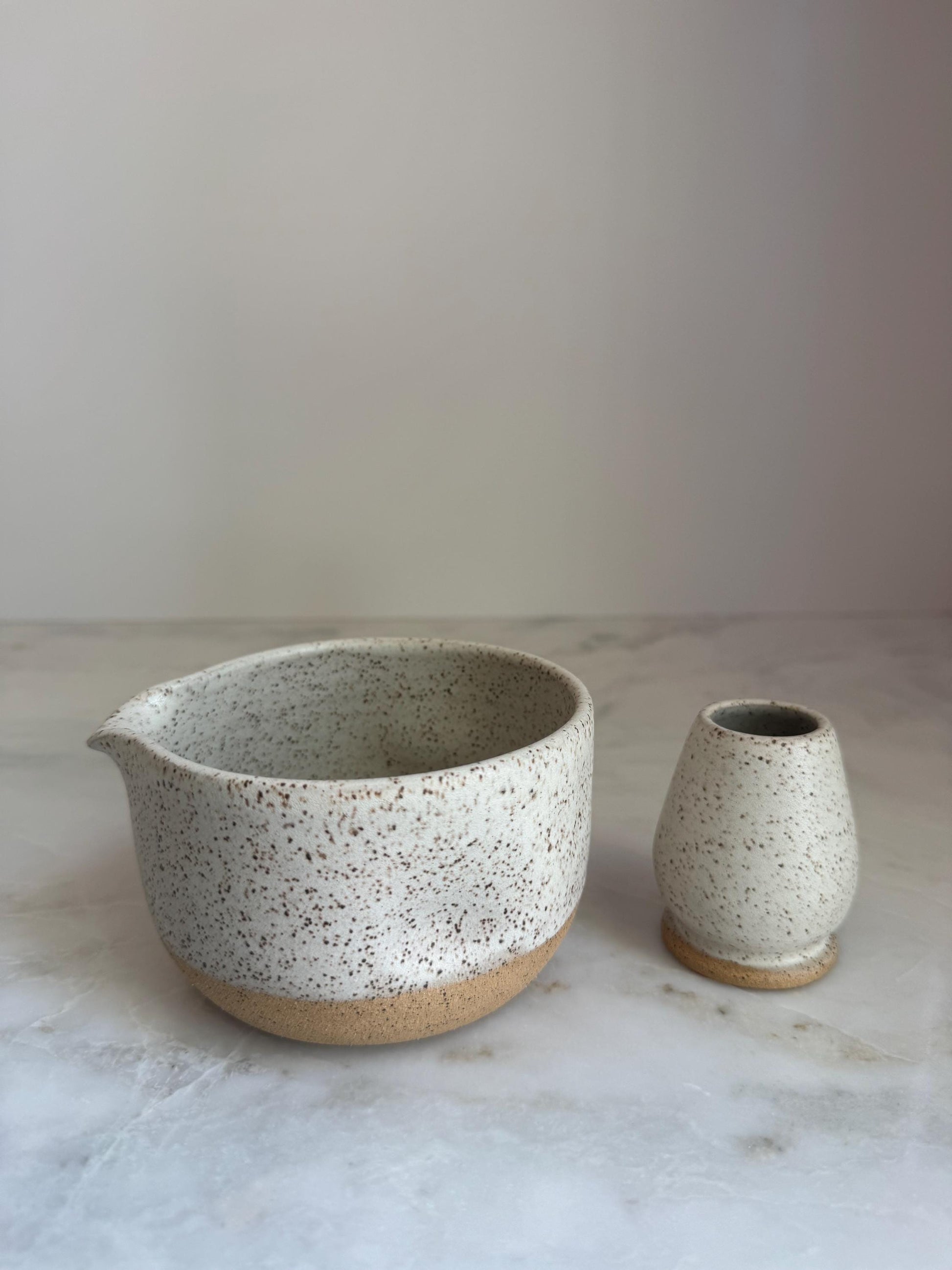 Handmade Ceramic Matcha Bowl and Whisk Holder Set - Speckled Oatmeal Dipped