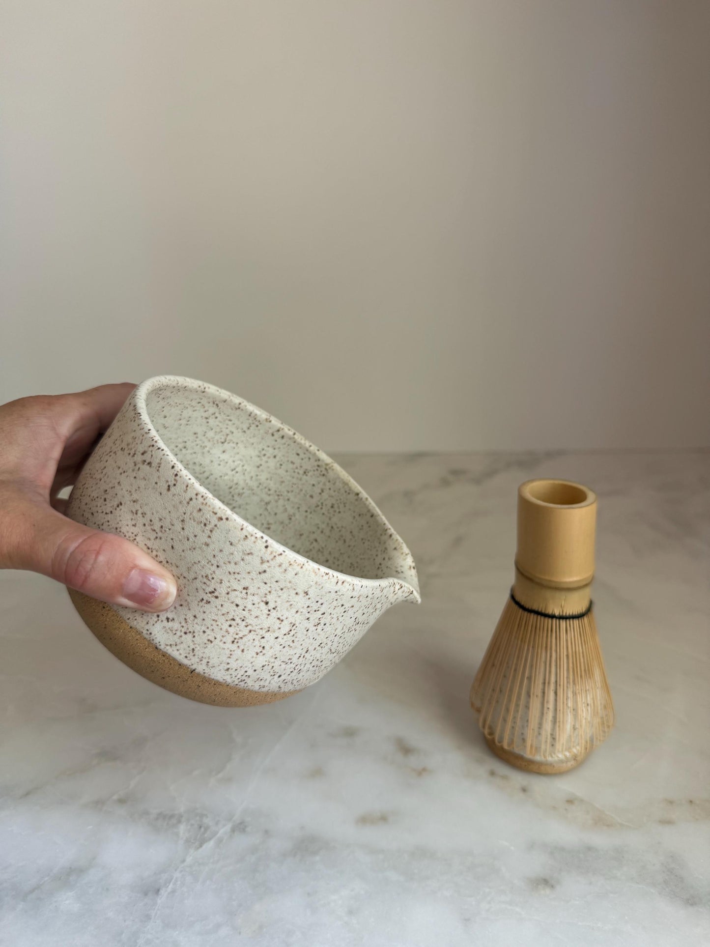 Handmade Ceramic Matcha Bowl and Whisk Holder Set - Speckled Oatmeal Dipped