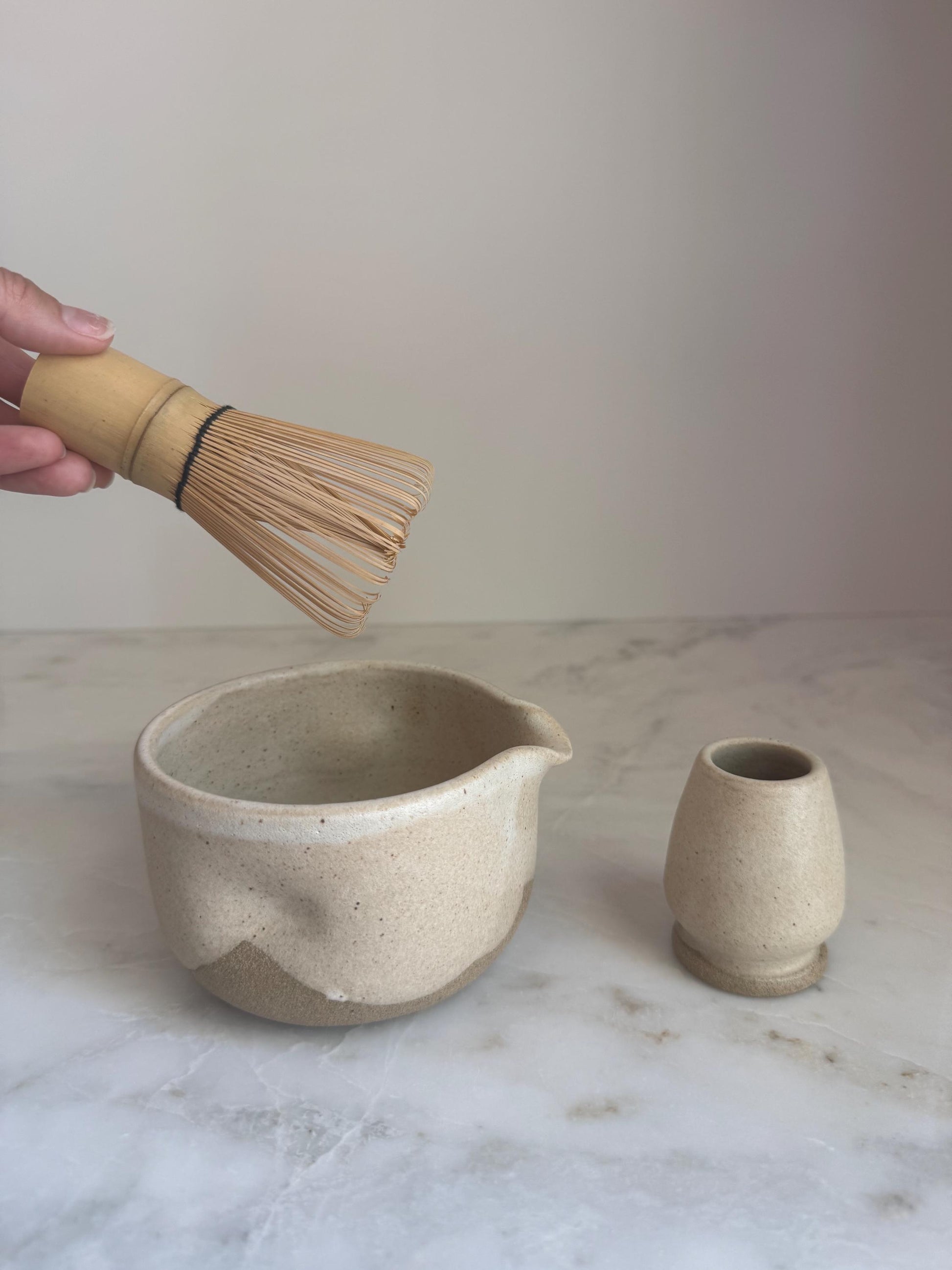 Handmade Ceramic Matcha Bowl and Whisk Holder Set - Oatmeal
