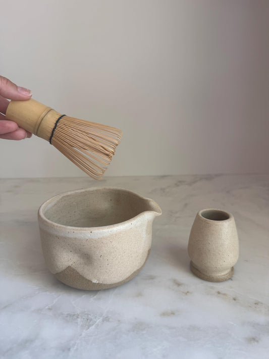 Handmade Ceramic Matcha Bowl and Whisk Holder Set - Oatmeal