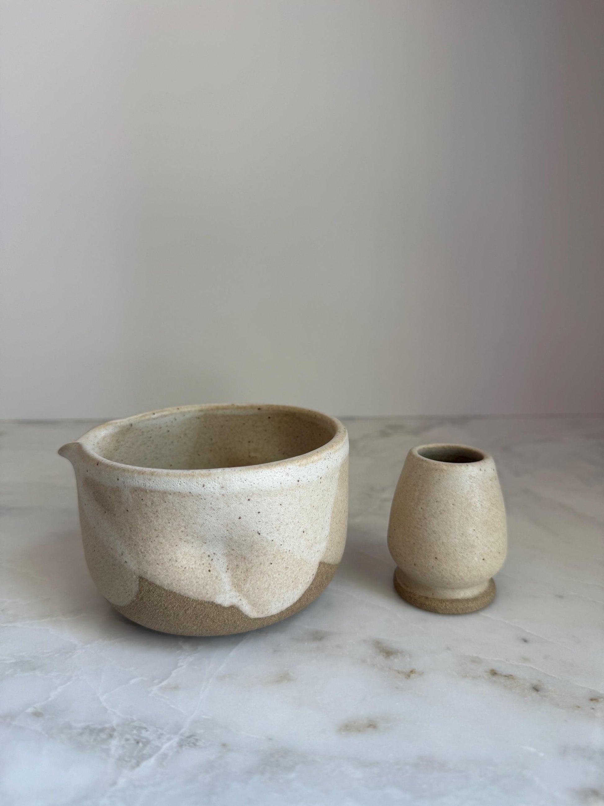 Handmade Ceramic Matcha Bowl and Whisk Holder Set - Oatmeal
