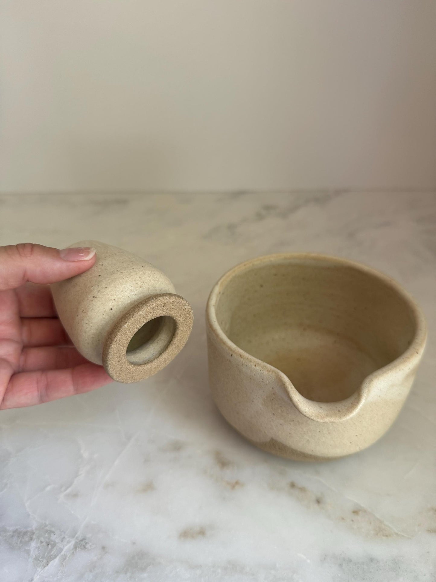 Handmade Ceramic Matcha Bowl and Whisk Holder Set - Oatmeal