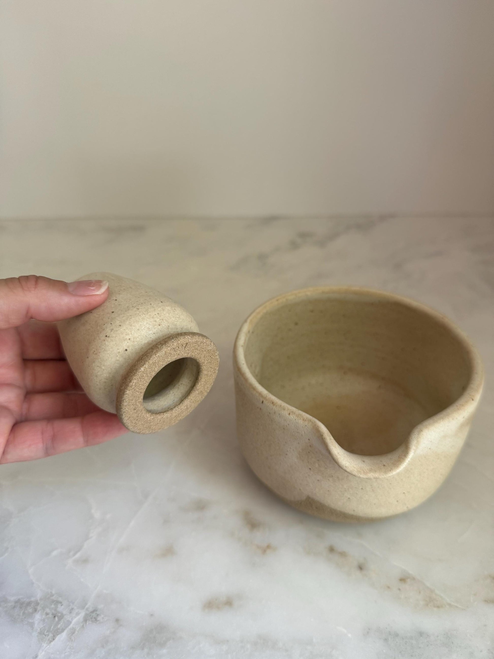 Handmade Ceramic Matcha Bowl and Whisk Holder Set - Oatmeal
