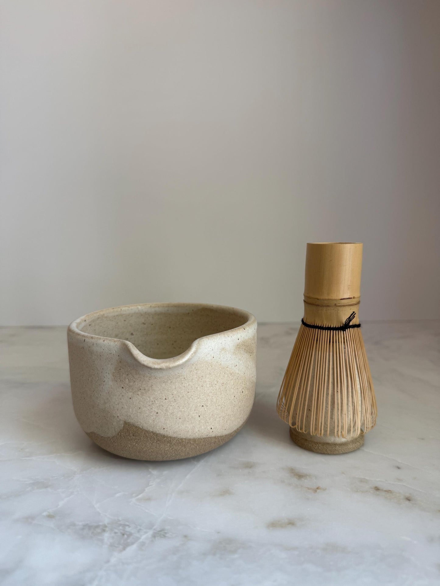 Handmade Ceramic Matcha Bowl and Whisk Holder Set - Oatmeal