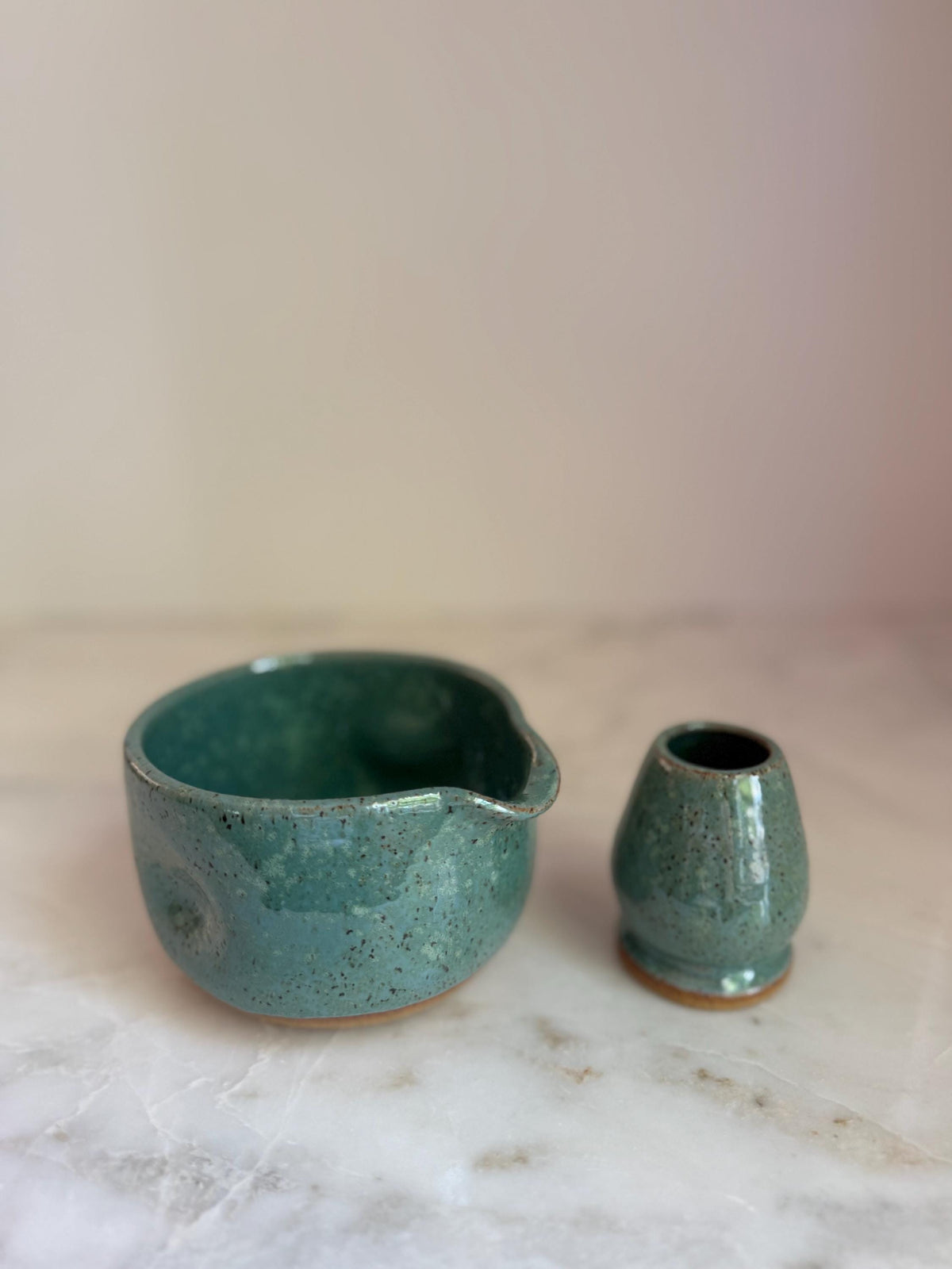Handmade Ceramic Matcha Bowl and Whisk Holder Set - Seafoam