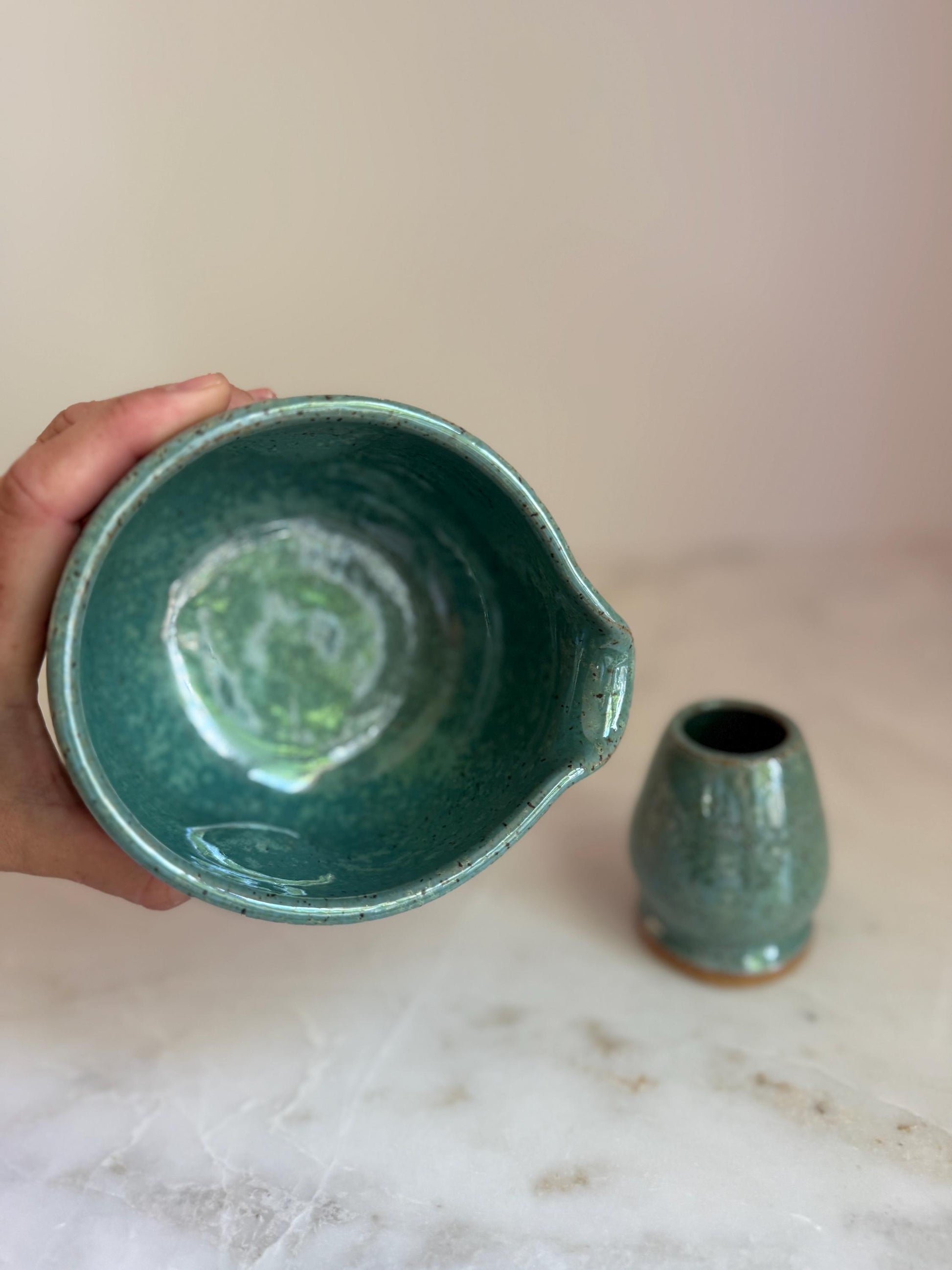 Handmade Ceramic Matcha Bowl and Whisk Holder Set - Seafoam