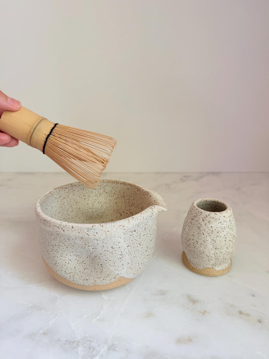 Handmade Ceramic Matcha Bowl and Whisk Holder Set - Speckled Oatmeal